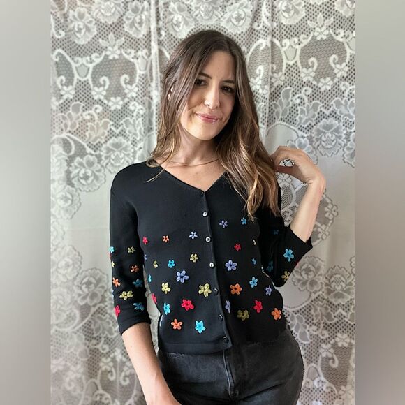 Vintage 80s CLIO Petites Black Silk Colorful Floral Embroidered Cardigan Sweater - Picture 1 of 14